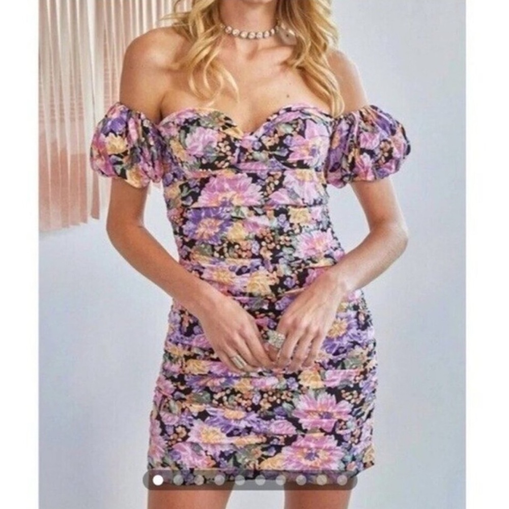 Fate Dee Dee Floral Ruched Mini Dress Off the Shoulder Size Small Fairy Bohk NEW